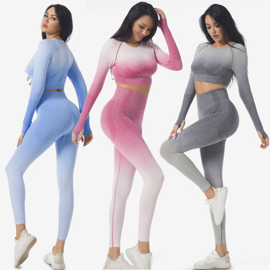 Fitness Top Women's Long-sleeved Jacquard Sports Hanging Dye Gradient Suit
